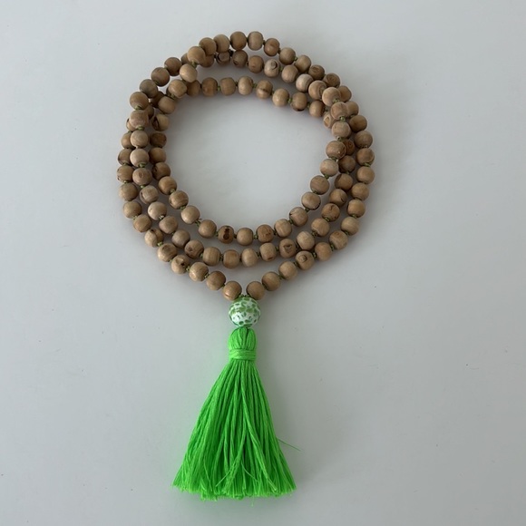 Boho Mala Necklace with Neon Green Tassel & Wood Tulsi Beads - Picture 2 of 6